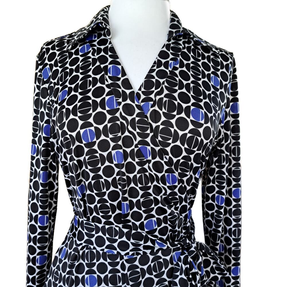 BOSTON PROPER Jersey Midi Wrap Dress Size Medium Black Blue Dot Long Sleeve - Picture 2 of 7